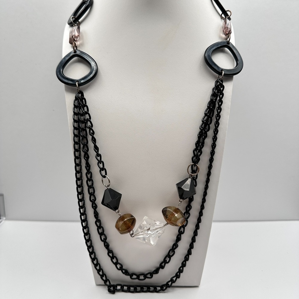 Vintage 90s Multi strand Layered Statement Necklace Black Resin Amber Clear Bead